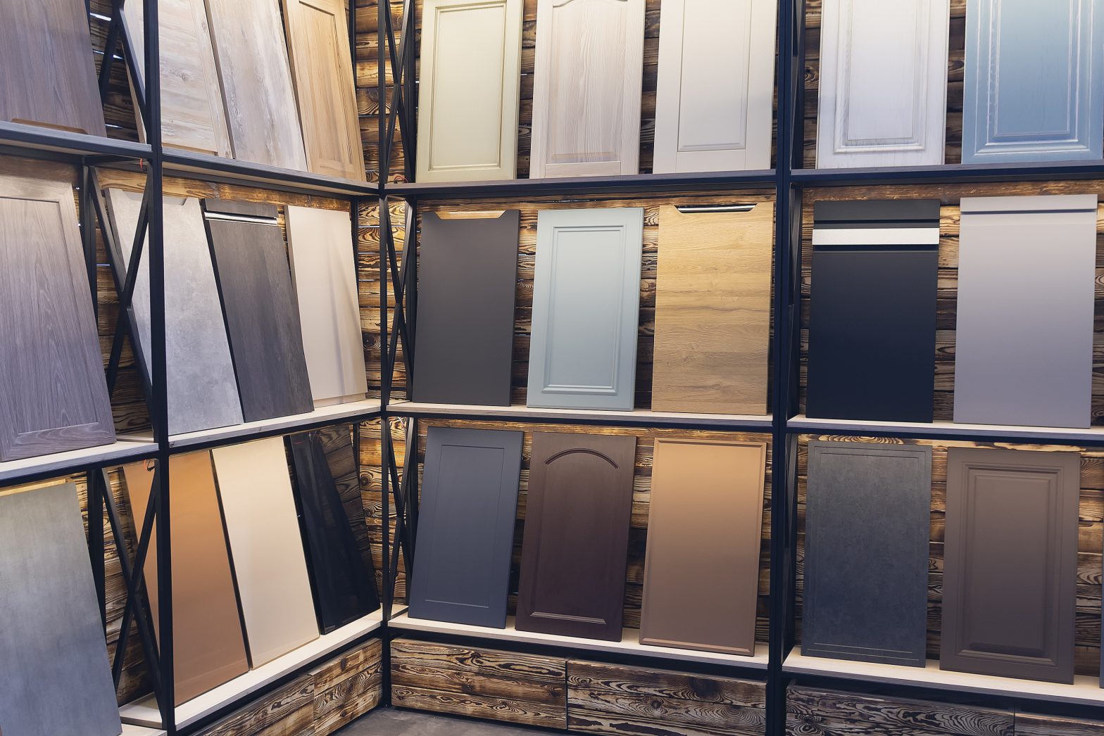 different options for cabinet doors on display in show room