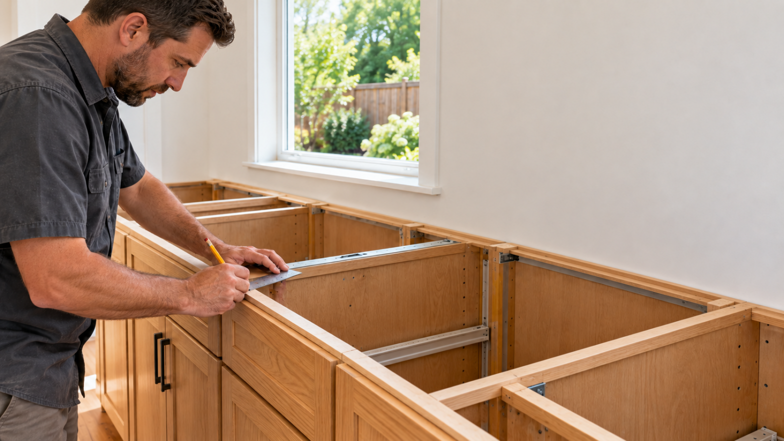 countertop installer measuring for a template before fabrication and install